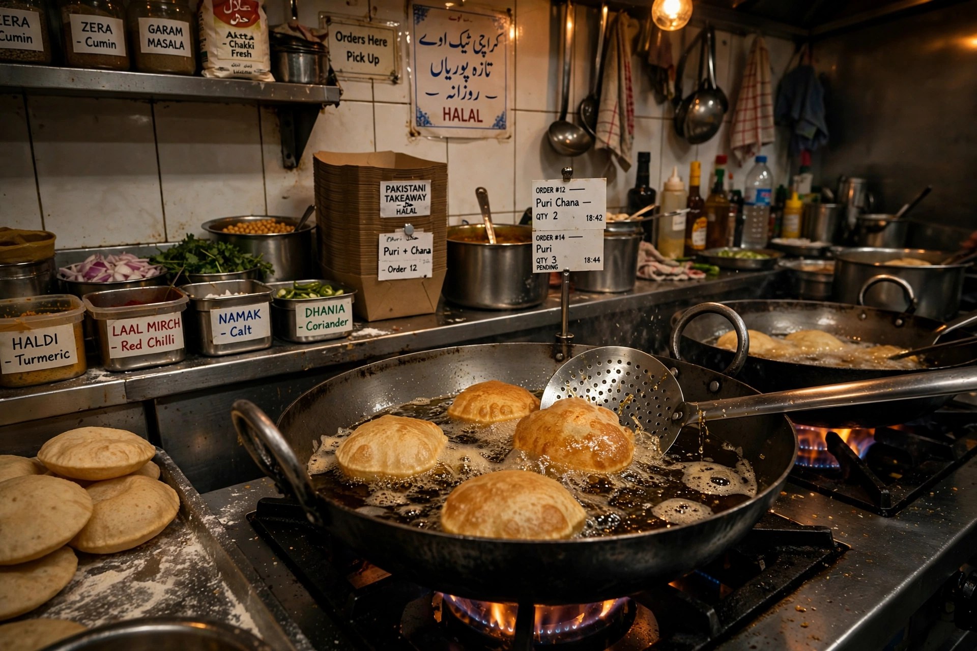 Inside the Asian Delight kitchen on High Lane Street, puris frying to order