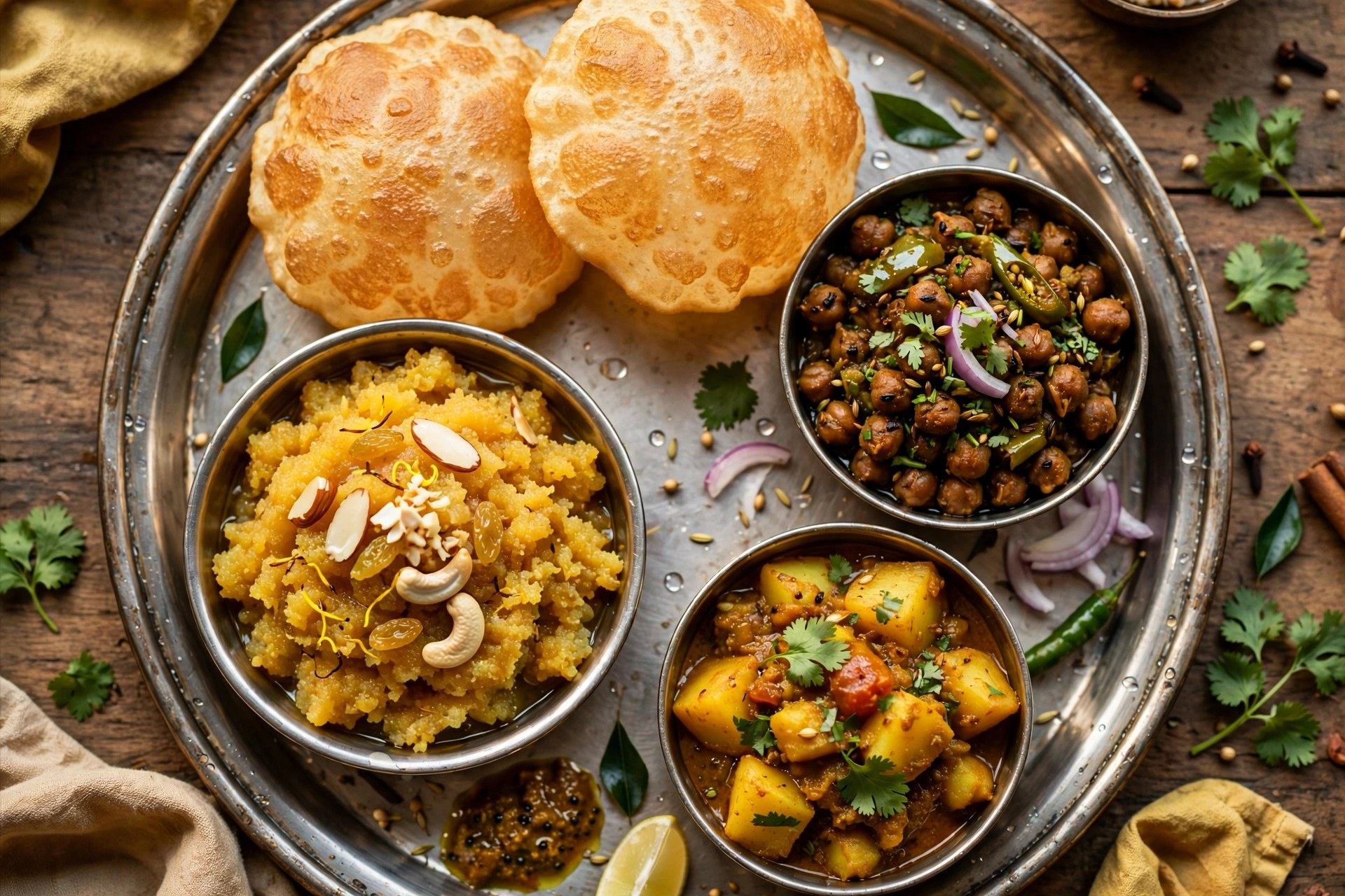 Golden halwa puri breakfast plate with chana masala and aloo salan at Asian Delight Manchester