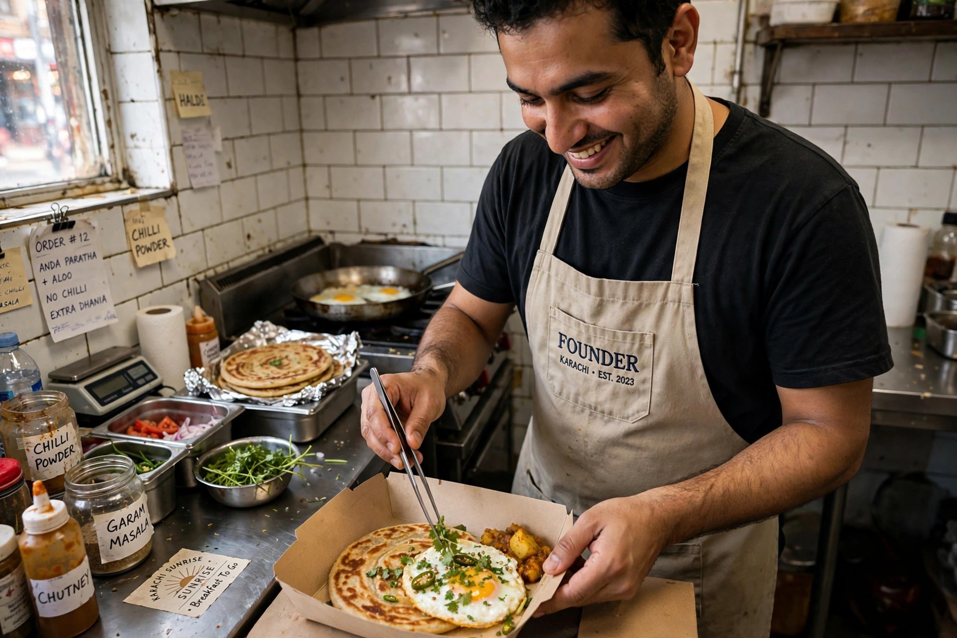 Zee Khan, founder of Asian Delight, plating a breakfast order